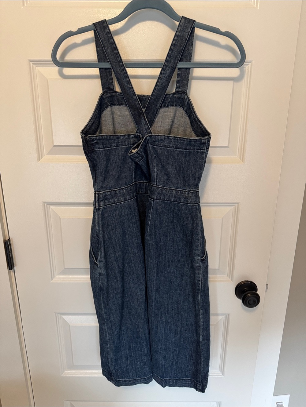 Denim Pinafore Midi Dress - Dark Blue - Picture 3 of 6